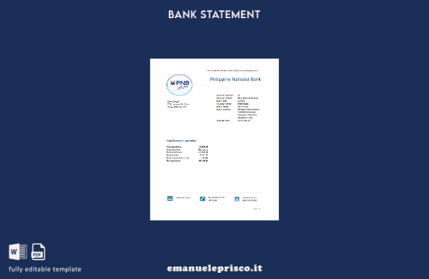 Modello Excel di estratto conto della Banca nazionale delle Filippine (PNB) in s
